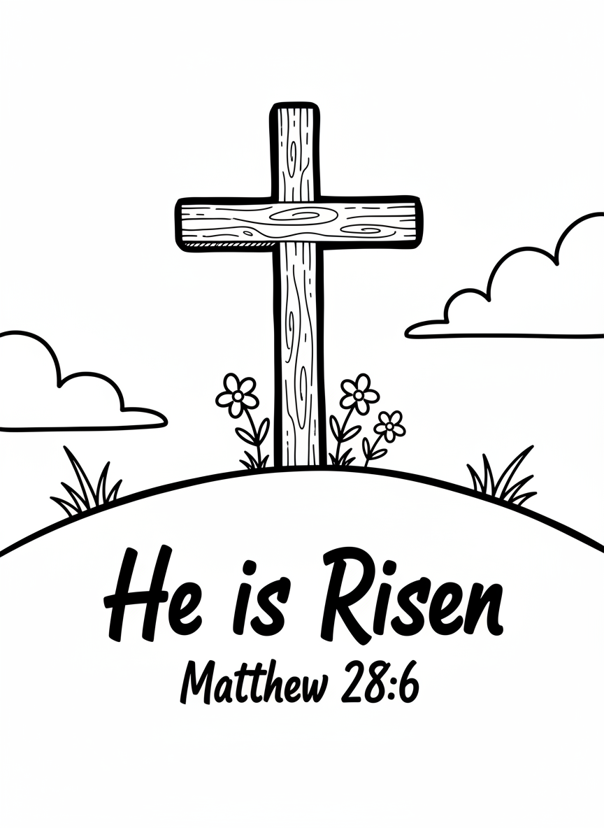 A simple wooden cross on a hill with three small flowers at its base and the text 'He is Risen Matthew 28:6' in joyful lettering