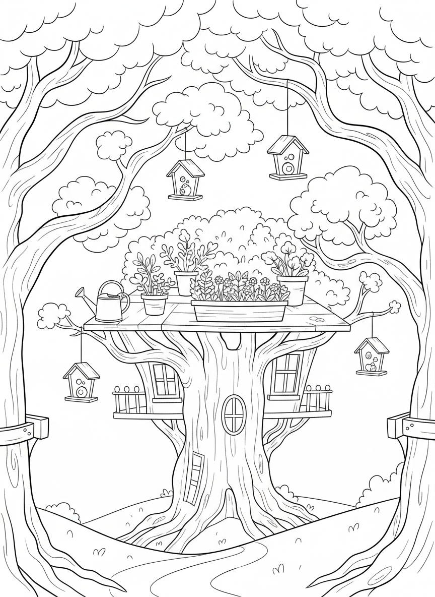 A treehouse with a rooftop garden, small planter boxes, bird feeders hanging from branches, and a watering can nearby.