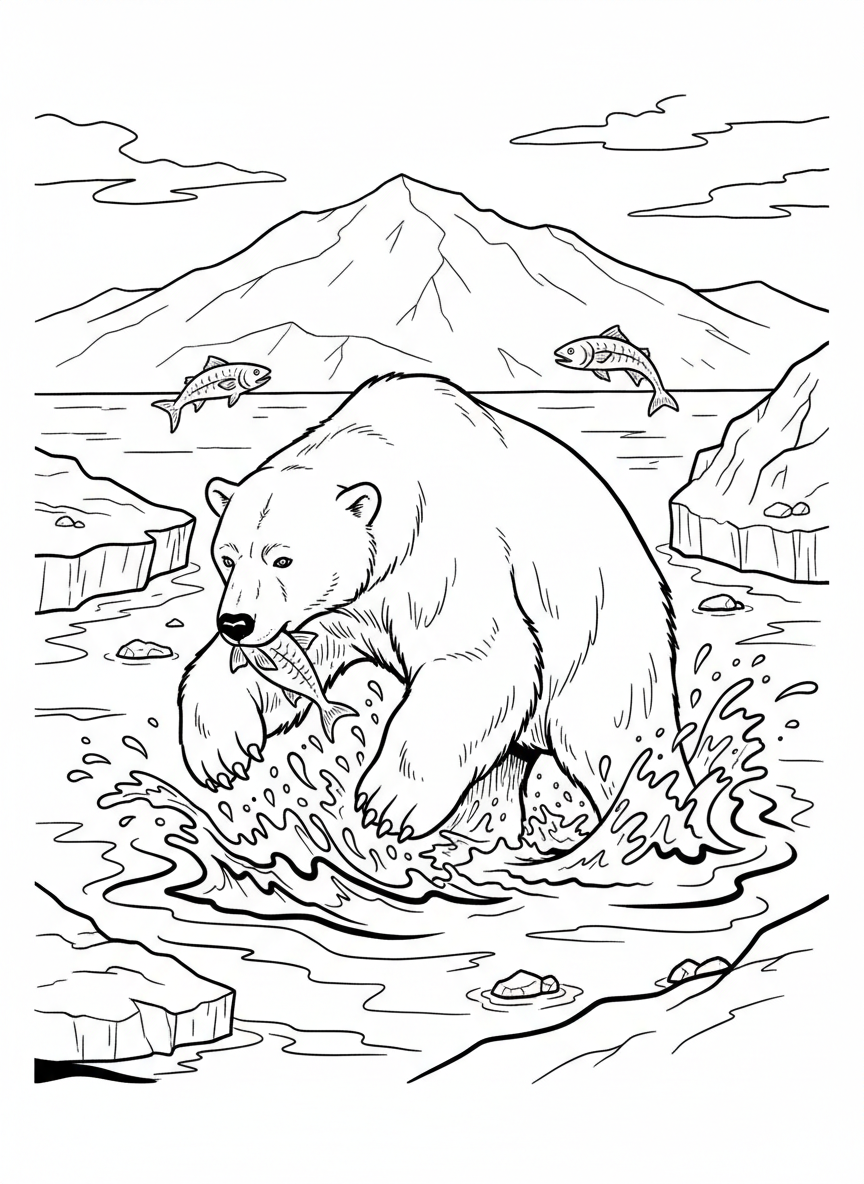 A polar bear catching fish in icy water, shown mid-action with water splashes and fish jumping, dynamic composition