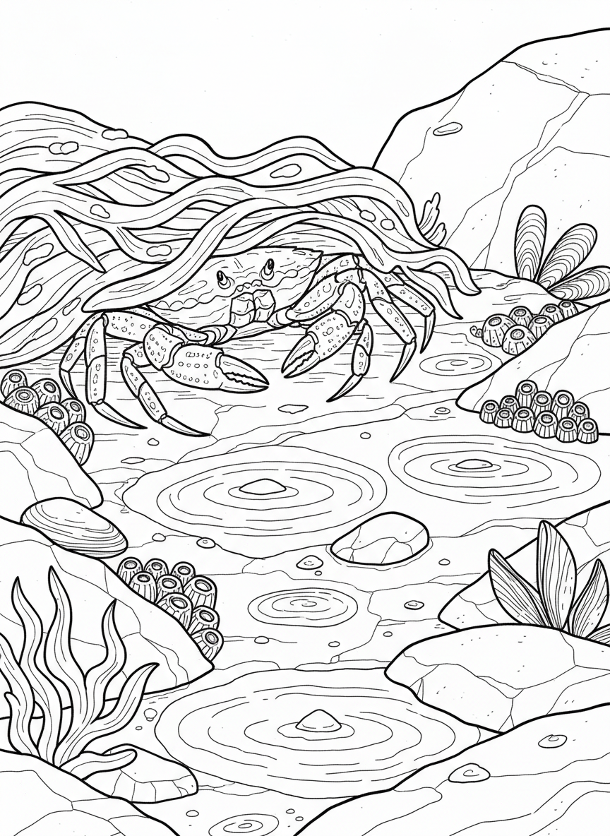Detailed tide pool scene showing a crab hiding under seaweed, with barnacles, mussels, and small pools of water visible.