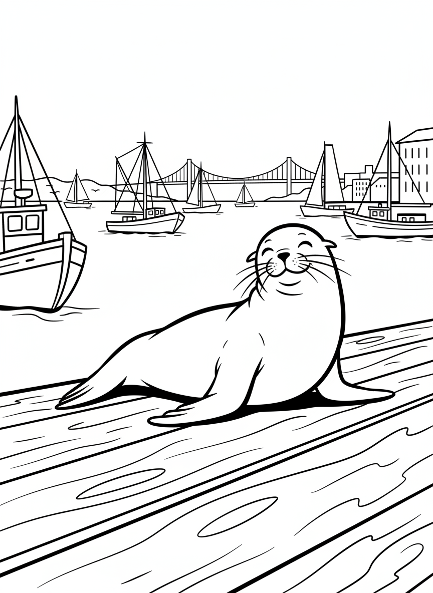 A friendly sea lion resting on a wooden dock at Fisherman's Wharf with boats and the bay in the background, simple outlines.
