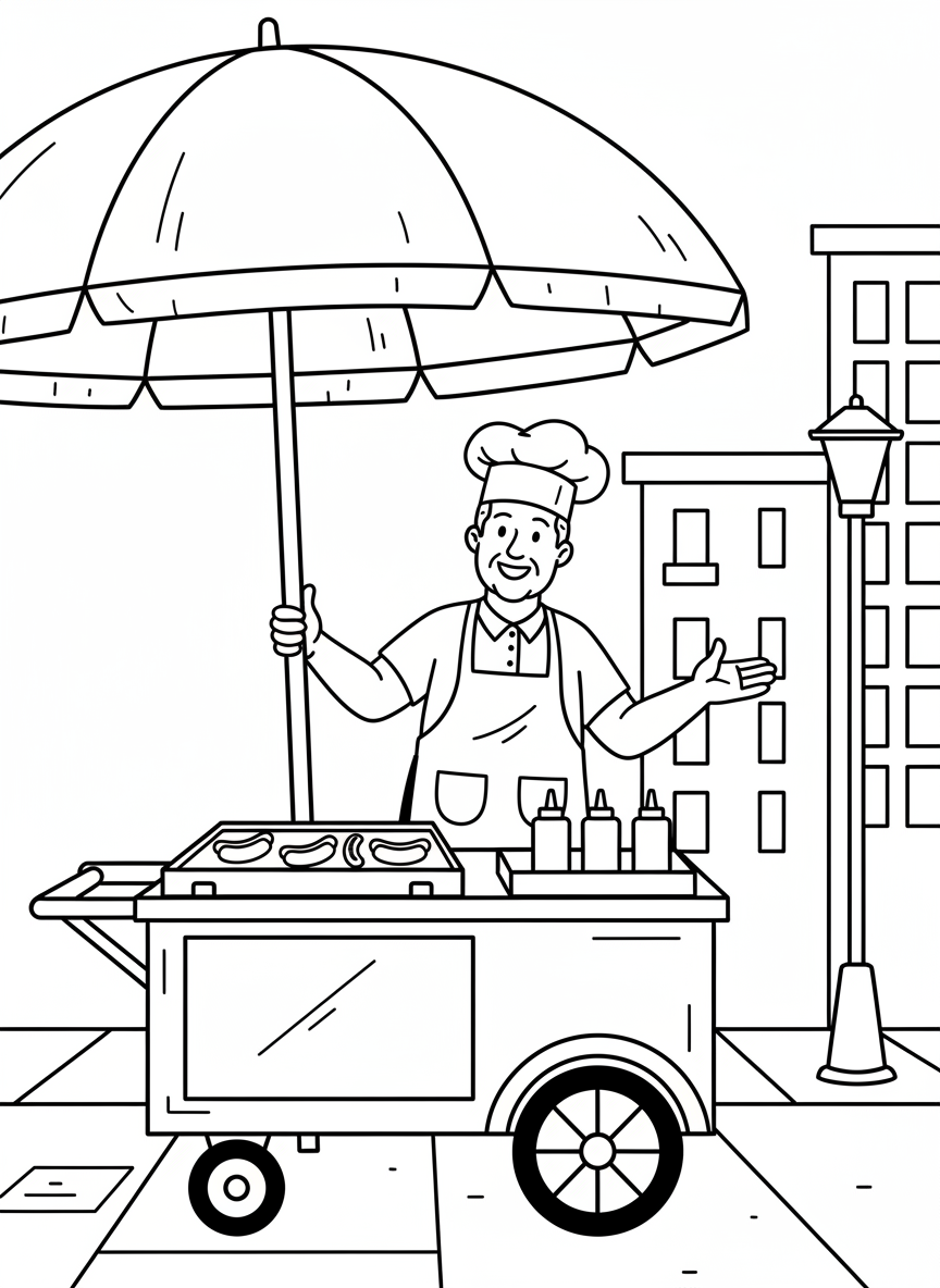 A simple hot dog cart with an umbrella on a city sidewalk, showing condiment bottles and a friendly vendor wearing an apron.