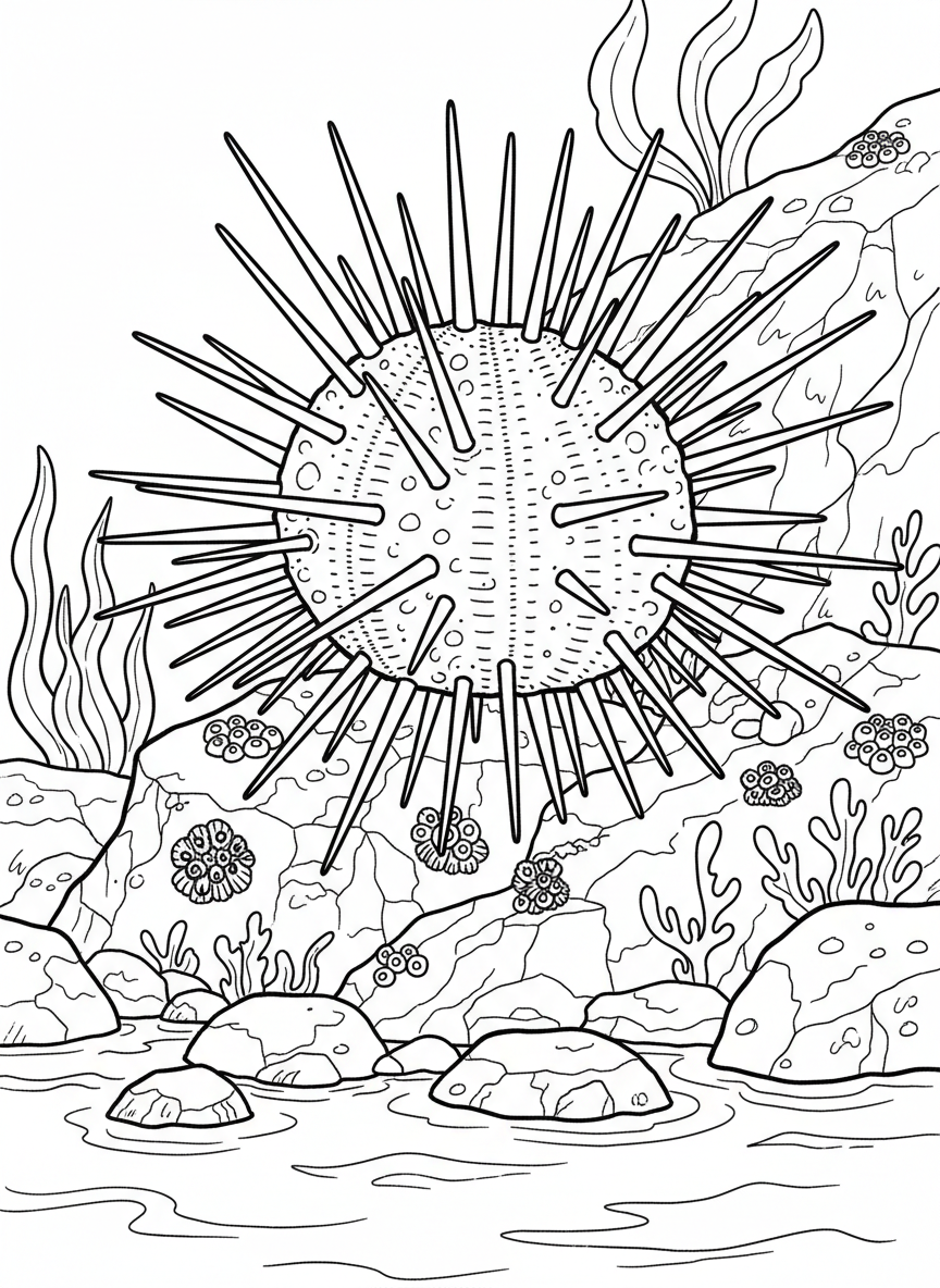 A spiny sea urchin sitting on a rock with long quills radiating outward, small algae patches on nearby stones, detailed line work.