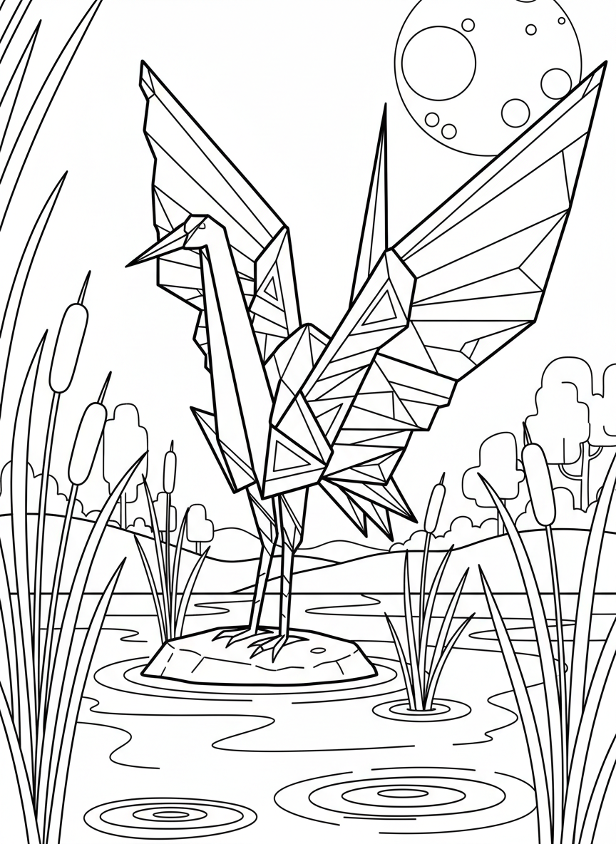 A complex origami crane standing near a pond with cattails, featuring intricate wing fold details for older children