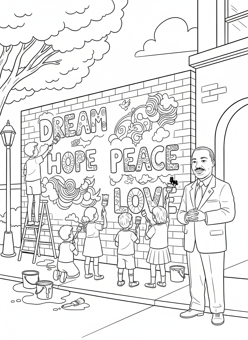 Children painting a mural with words 'Dream', 'Hope', 'Peace', and 'Love' with Martin Luther King Jr. watching proudly
