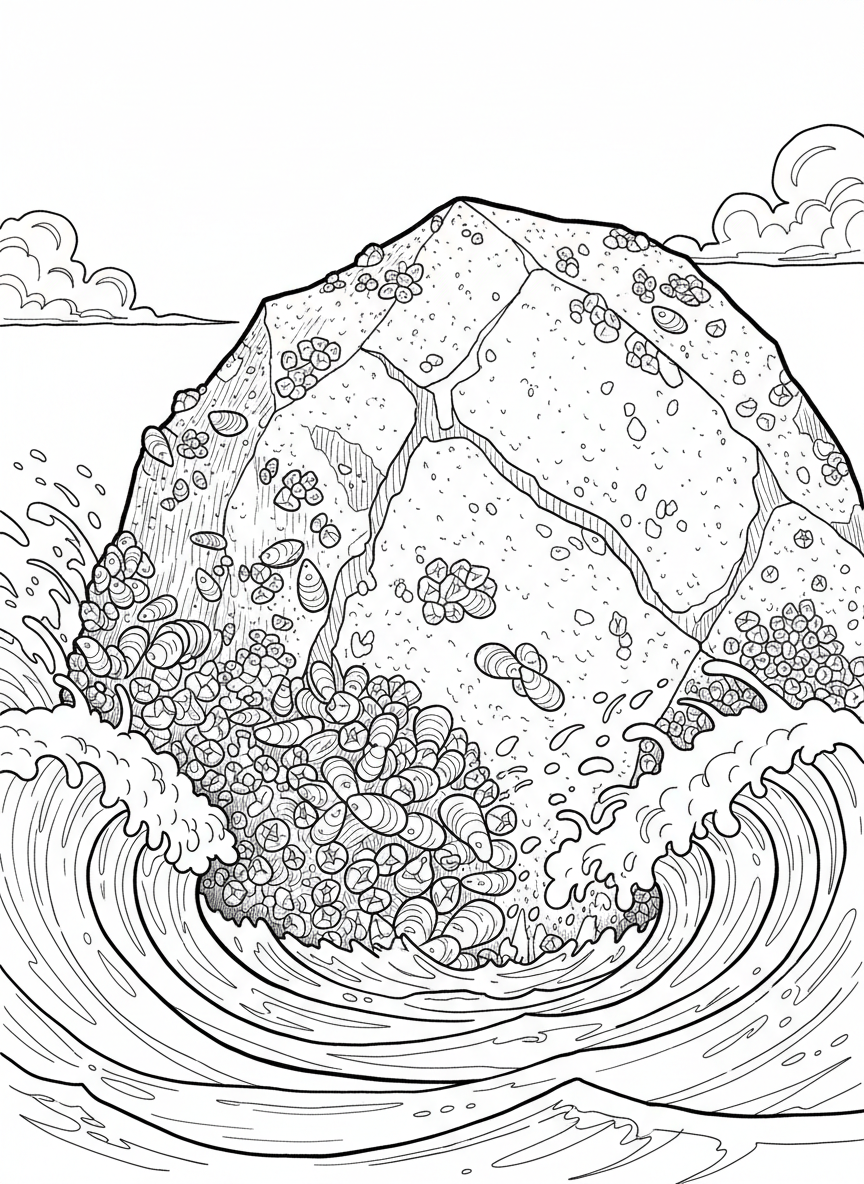 A cluster of mussels and barnacles clinging to a large boulder with waves splashing in the background