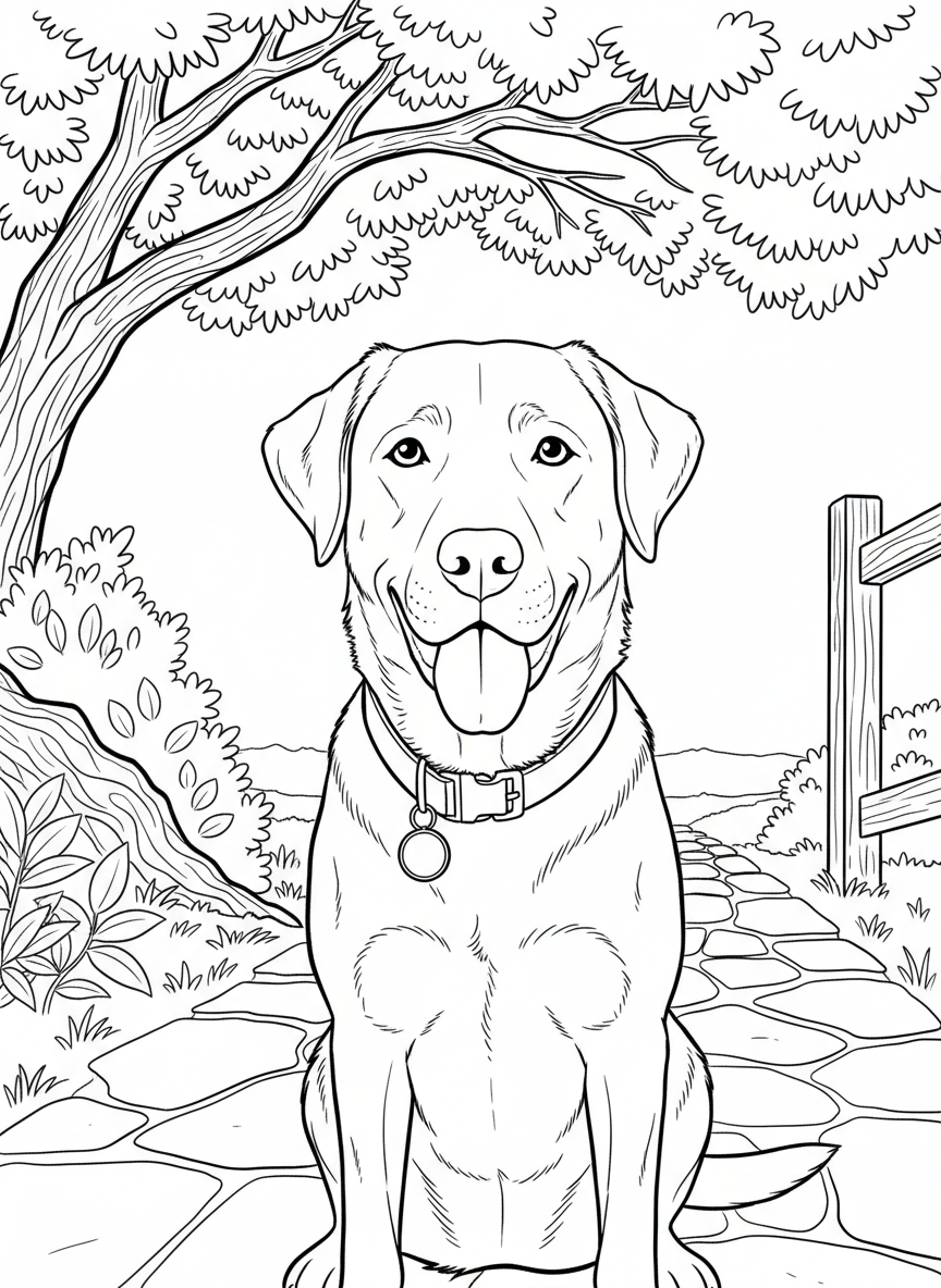 A Labrador retriever wearing a collar with a name tag, sitting obediently with tongue out, close-up portrait style.