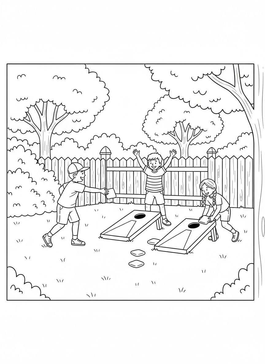 Three children playing cornhole toss game in a backyard with a fence and trees in the background.
