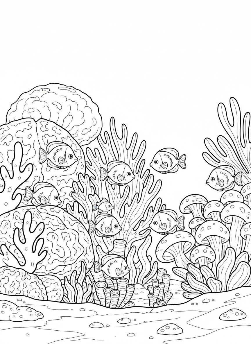 Coral reef coloring page showing exactly 8 small tropical fish hiding among simple coral shapes, encouraging observation and counting skills.