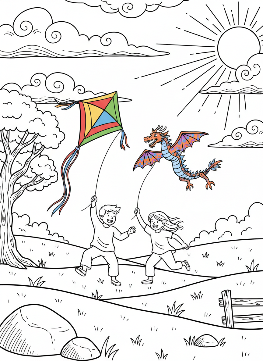 Two children flying colorful kites in an open field with clouds and sun in the sky, dynamic action scene