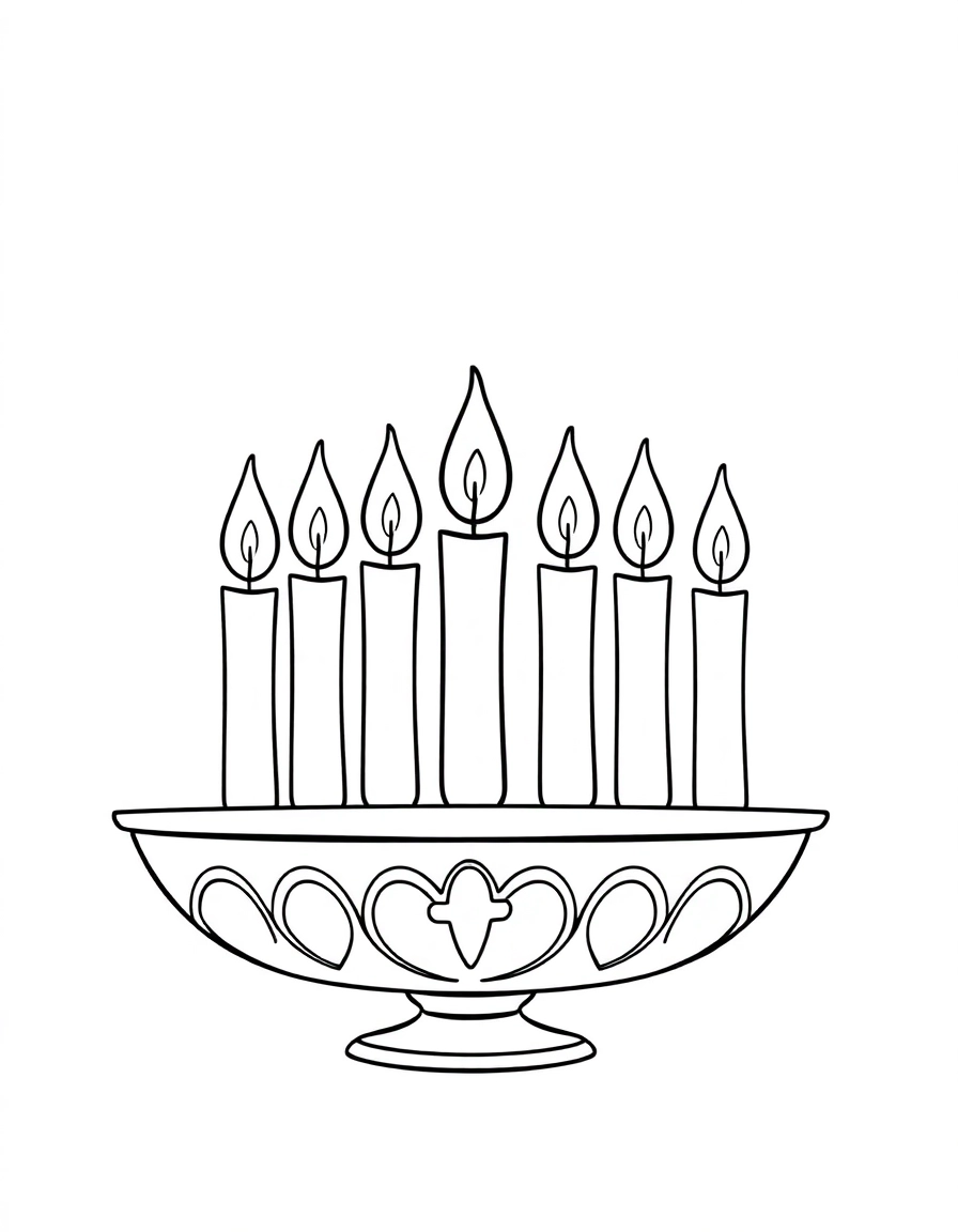 The Kinara: A close-up of the Kinara (candle holder) with all seven candles (Mishumaa Saba) glowing brightly; the candles have happy, smiling flames.