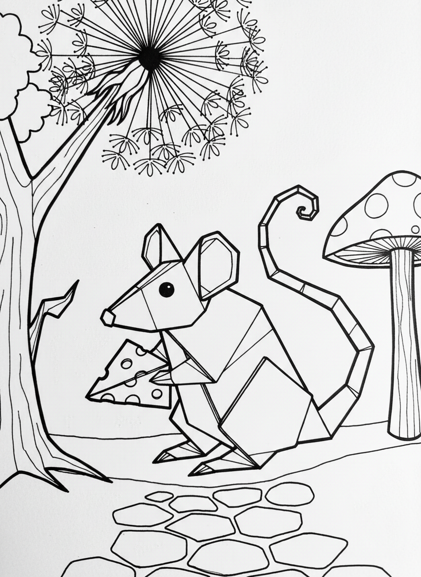 An origami mouse with a long curled tail made of folded paper strips, holding cheese, whimsical and fun