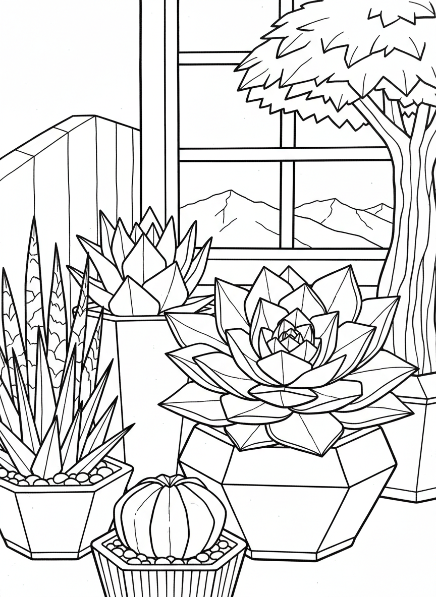 A potted origami succulent garden with various geometric plant shapes including rosettes and spiky leaves in decorative containers.