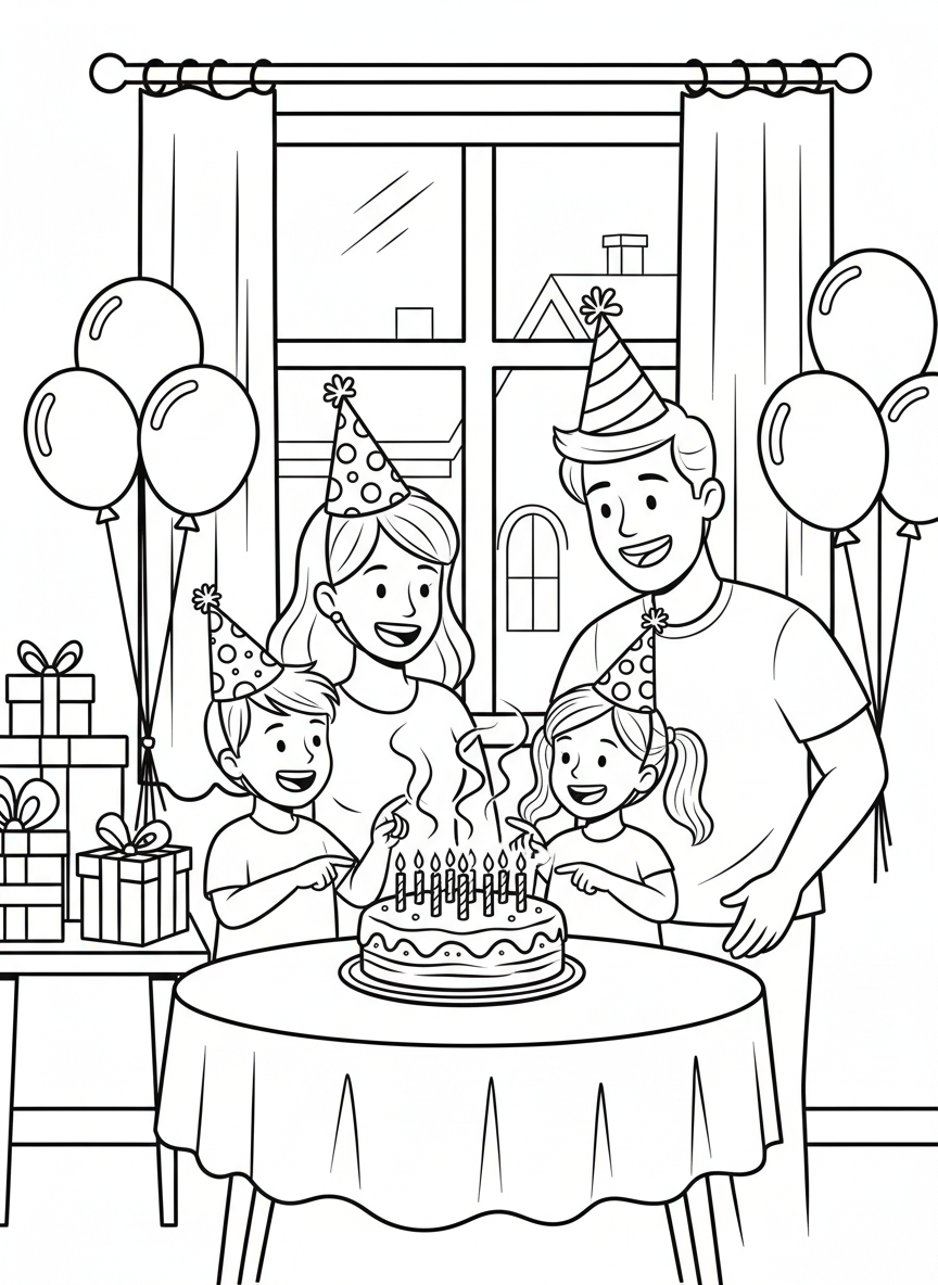 A family celebrating a birthday party with balloons, a cake with candles, presents, and party hats.