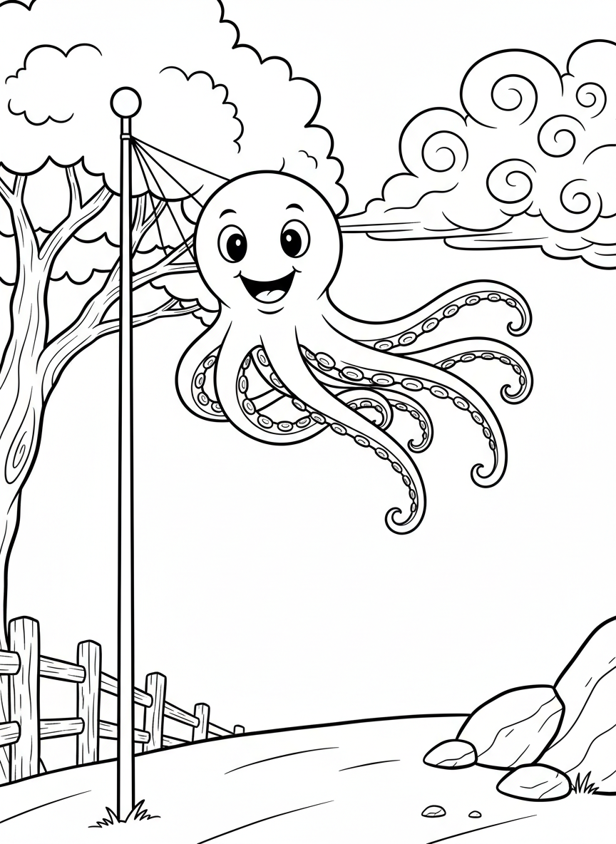 A whimsical octopus-shaped windsock hanging from a pole, with eight tentacles flowing in the wind and a friendly smiling face.