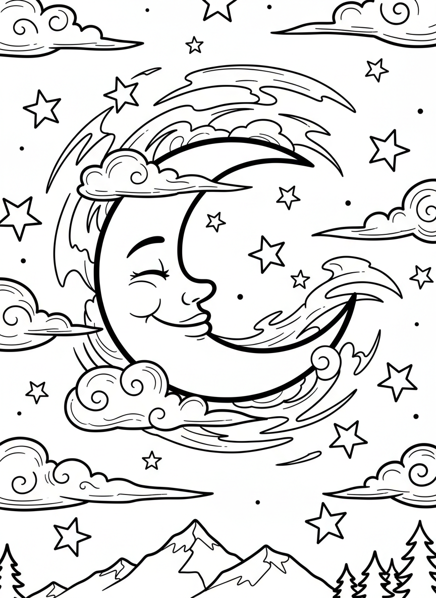 A smiling crescent moon surrounded by twinkling stars and wispy clouds, nighttime weather scene