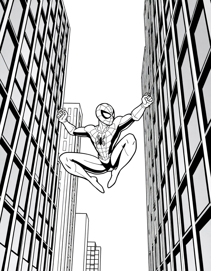 Spider-Man swinging lightly between skyscrapers shooting his web