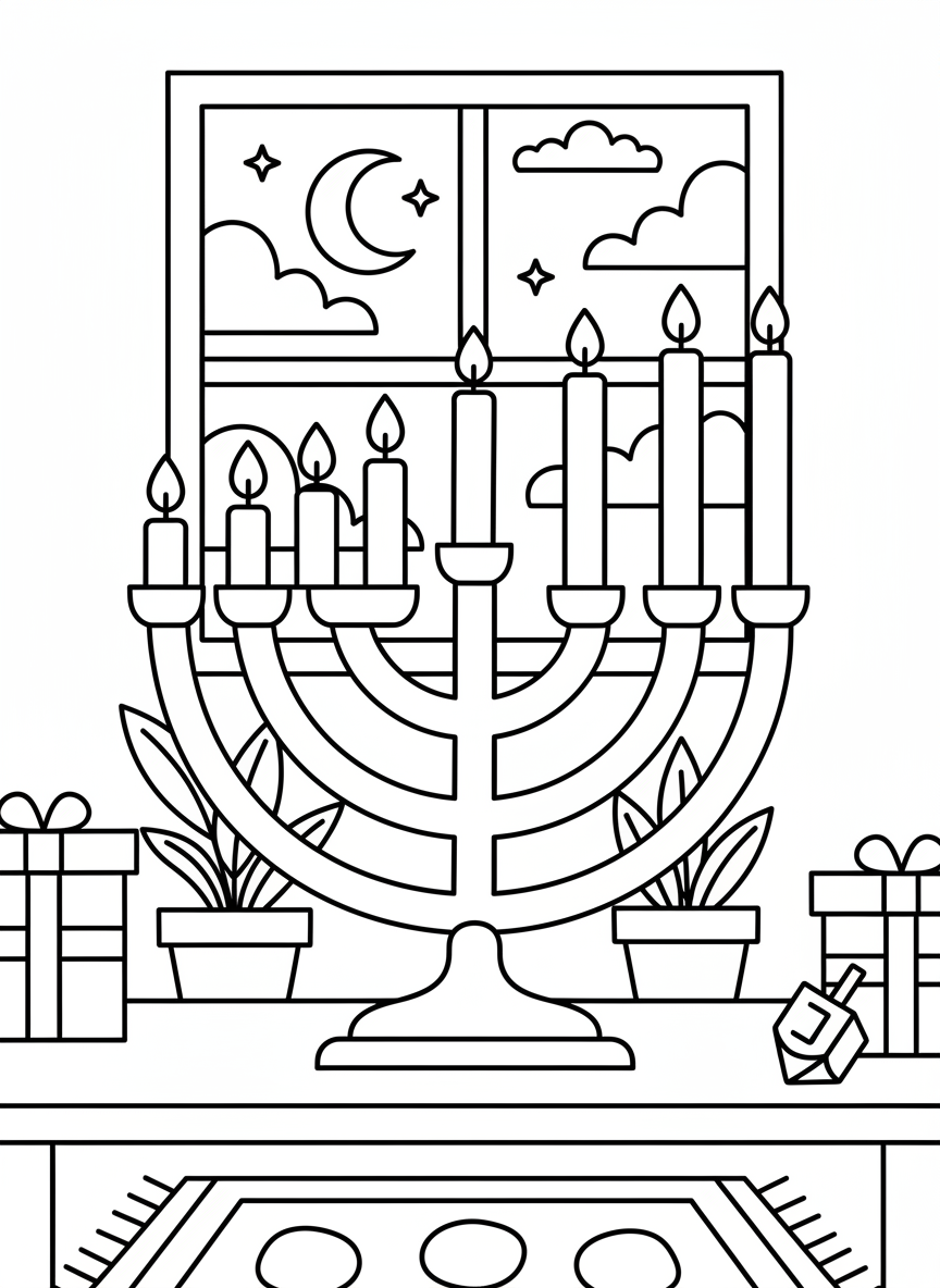 A menorah with candles of varying heights showing different nights of Hanukkah, flames drawn as simple shapes, educational design.