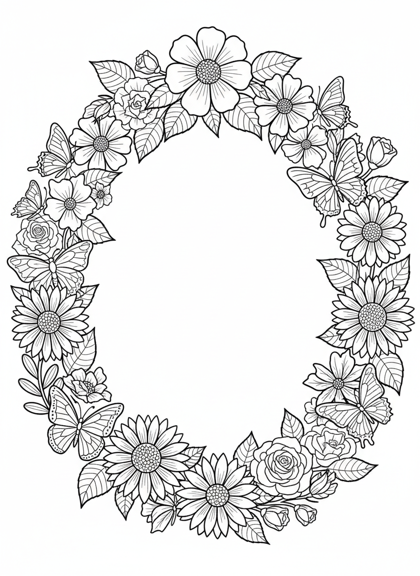 Butterfly garden border design with butterflies and flowers forming a decorative frame, leaving center space open for coloring.
