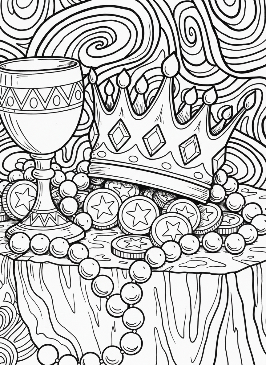 Close-up of various treasure items: a jeweled crown, golden chalice, strings of pearls, and shiny coins arranged in a display
