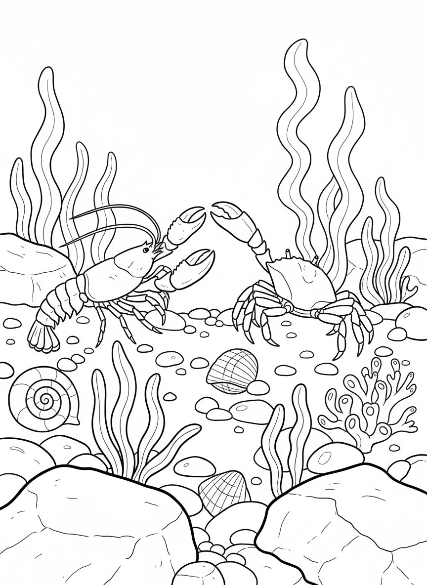 A lobster and crab meeting on the rocky ocean floor, surrounded by pebbles, shells, and small sea plants.