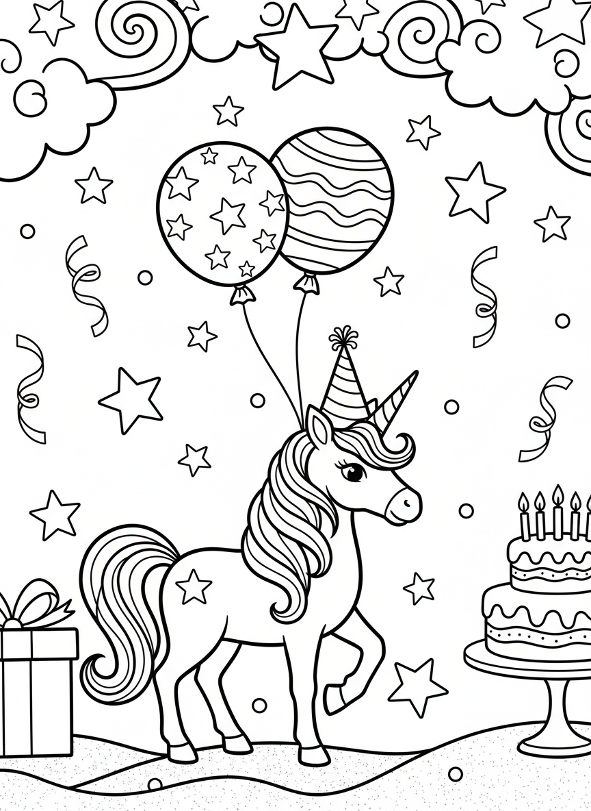 A magical unicorn with a party hat and balloons tied to its horn, surrounded by stars and birthday confetti.