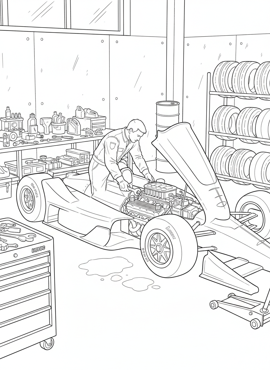 A race car mechanic working under the hood of an Indy car in the garage, with tools and equipment scattered around the workspace.