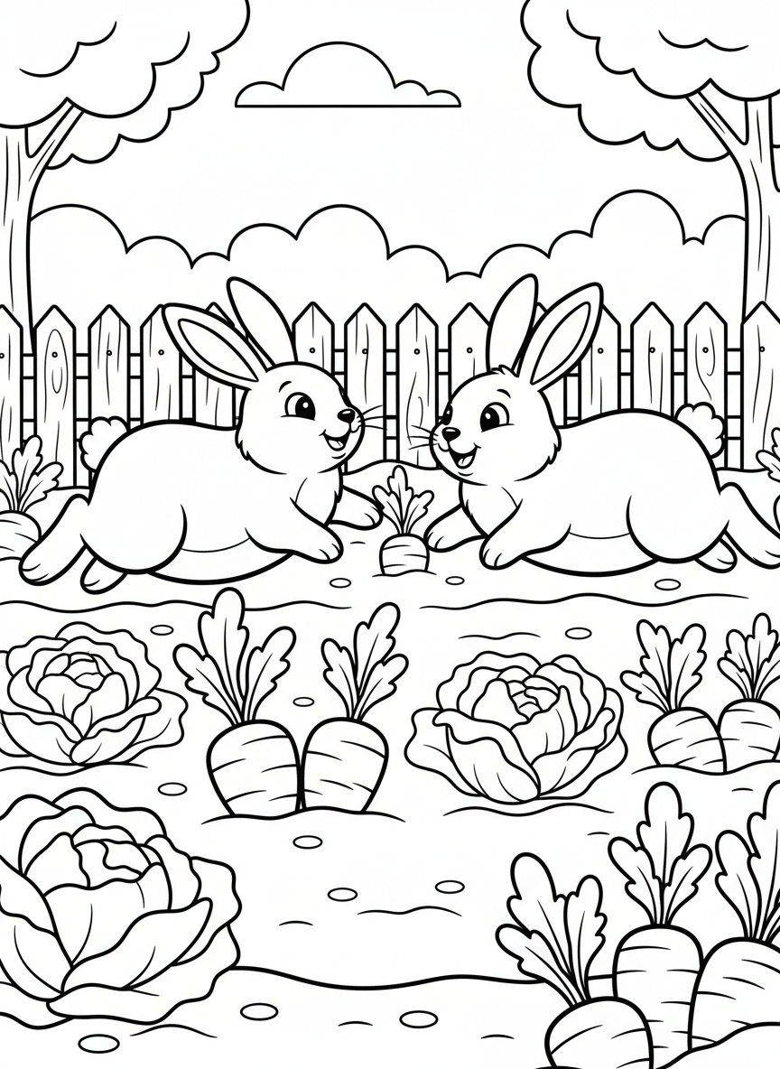 Two bunnies hopping through a vegetable garden with carrots and lettuce, simple and cheerful composition.