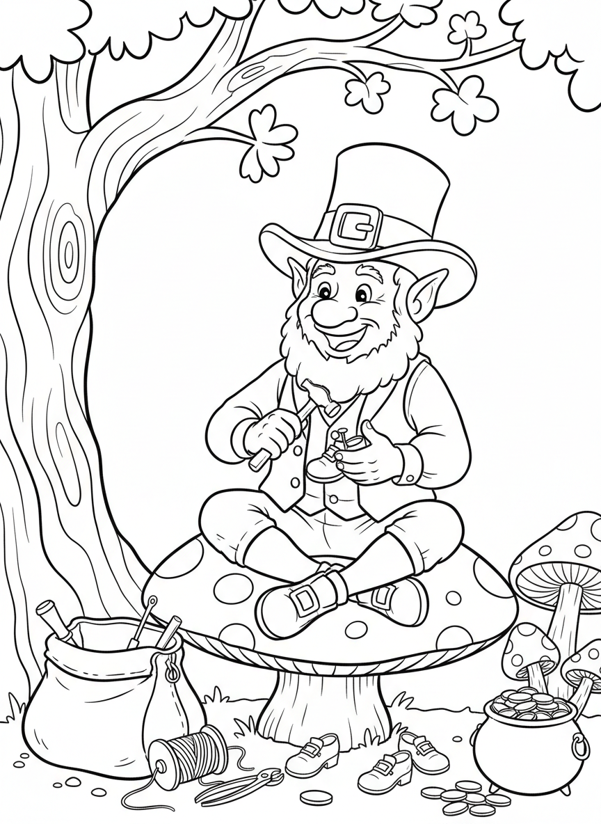 A friendly leprechaun sitting on a mushroom, cobbling a tiny shoe with a hammer and nails, with his workshop tools around him.