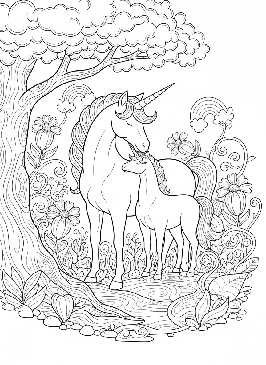 A unicorn family with parent and baby unicorn nuzzling together in a magical garden with rainbow flowers and vines.