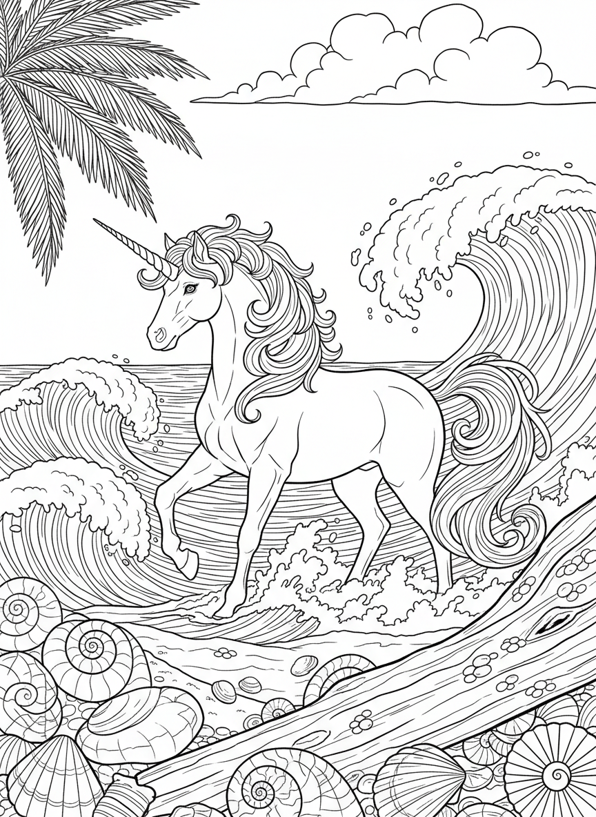A unicorn with a mane that looks like ocean waves, standing on a beach with seashells, creative interpretation