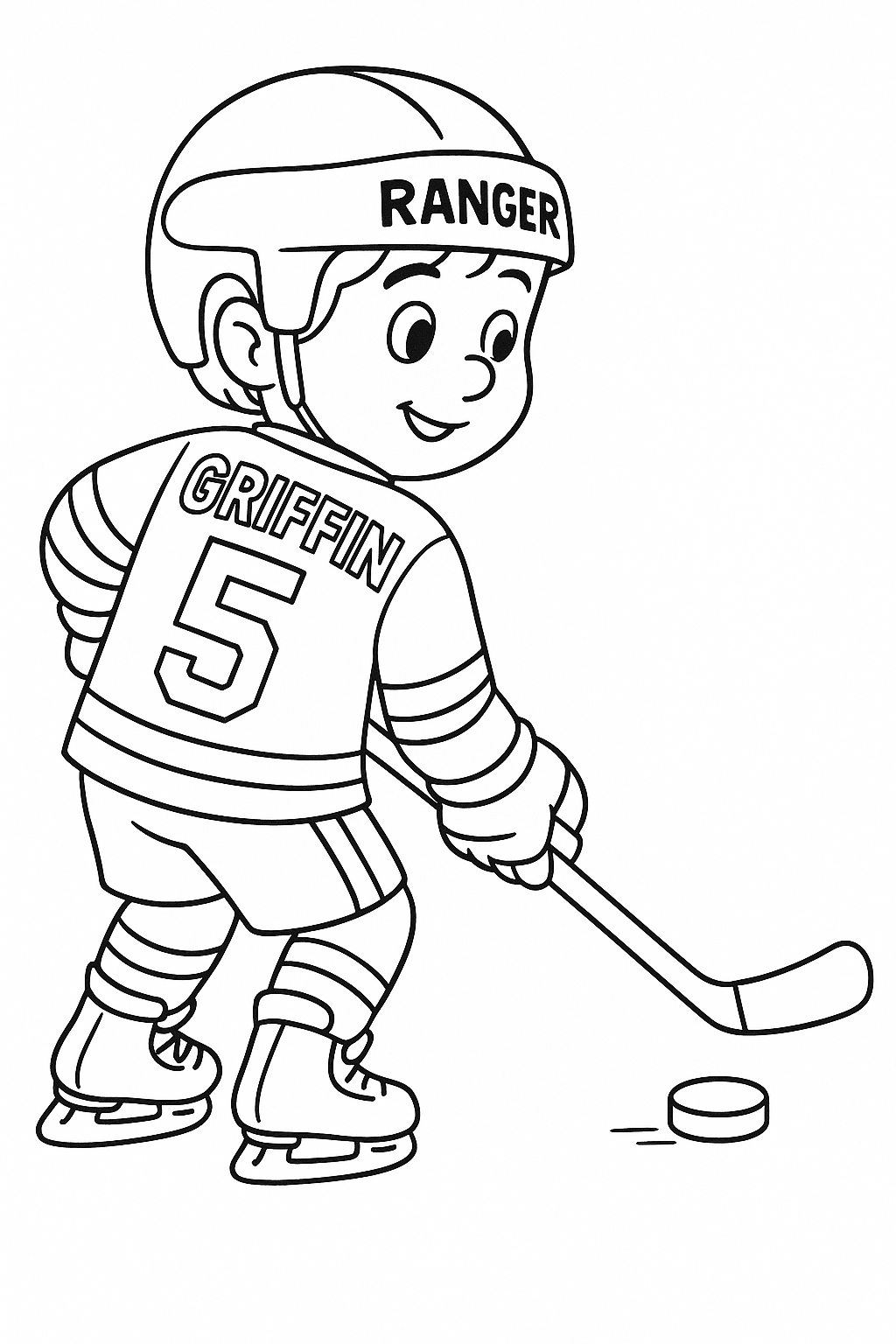 a young boy playing ice hockey wearing a new york rangers jersey, with the name "Griffin" on the back of the jersey