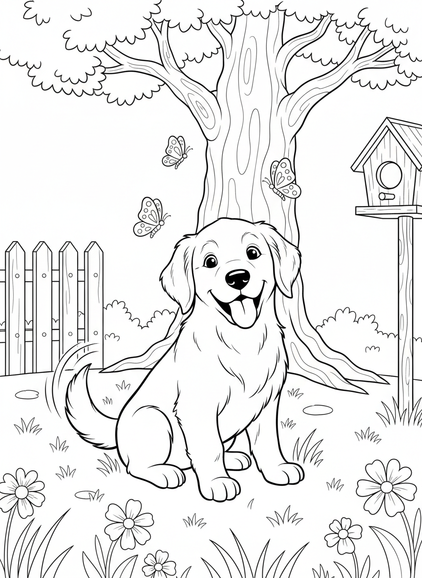 A playful golden retriever puppy sitting with a wagging tail and floppy ears, simple line art with clear outlines perfect for coloring.