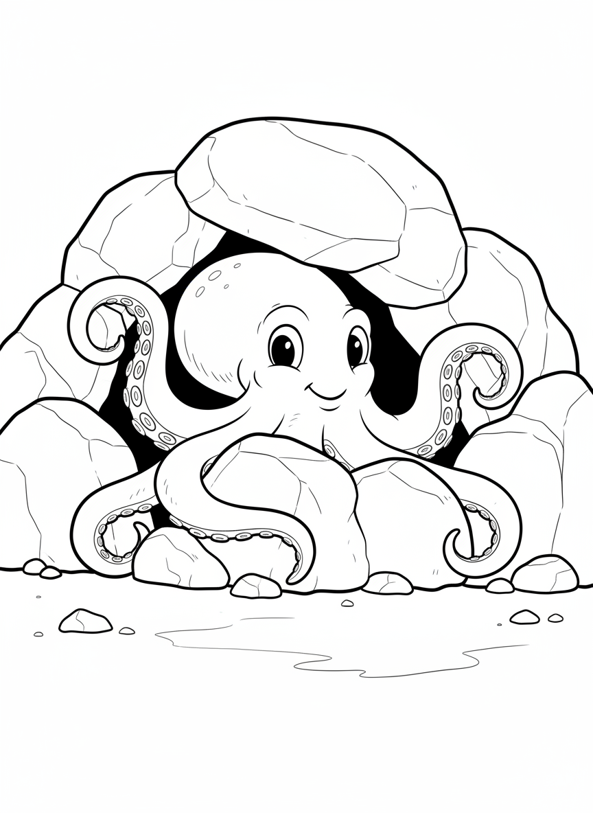 A friendly octopus hiding in a rocky crevice with its tentacles curled around stones, simple enough for intermediate colorers