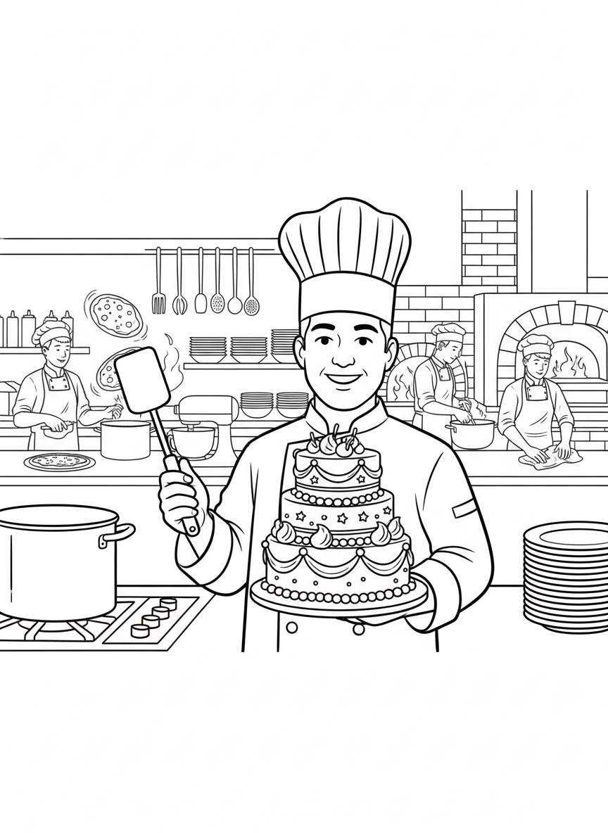 A chef in a tall hat holding a spatula and presenting a decorated cake, celebrating food service workers.