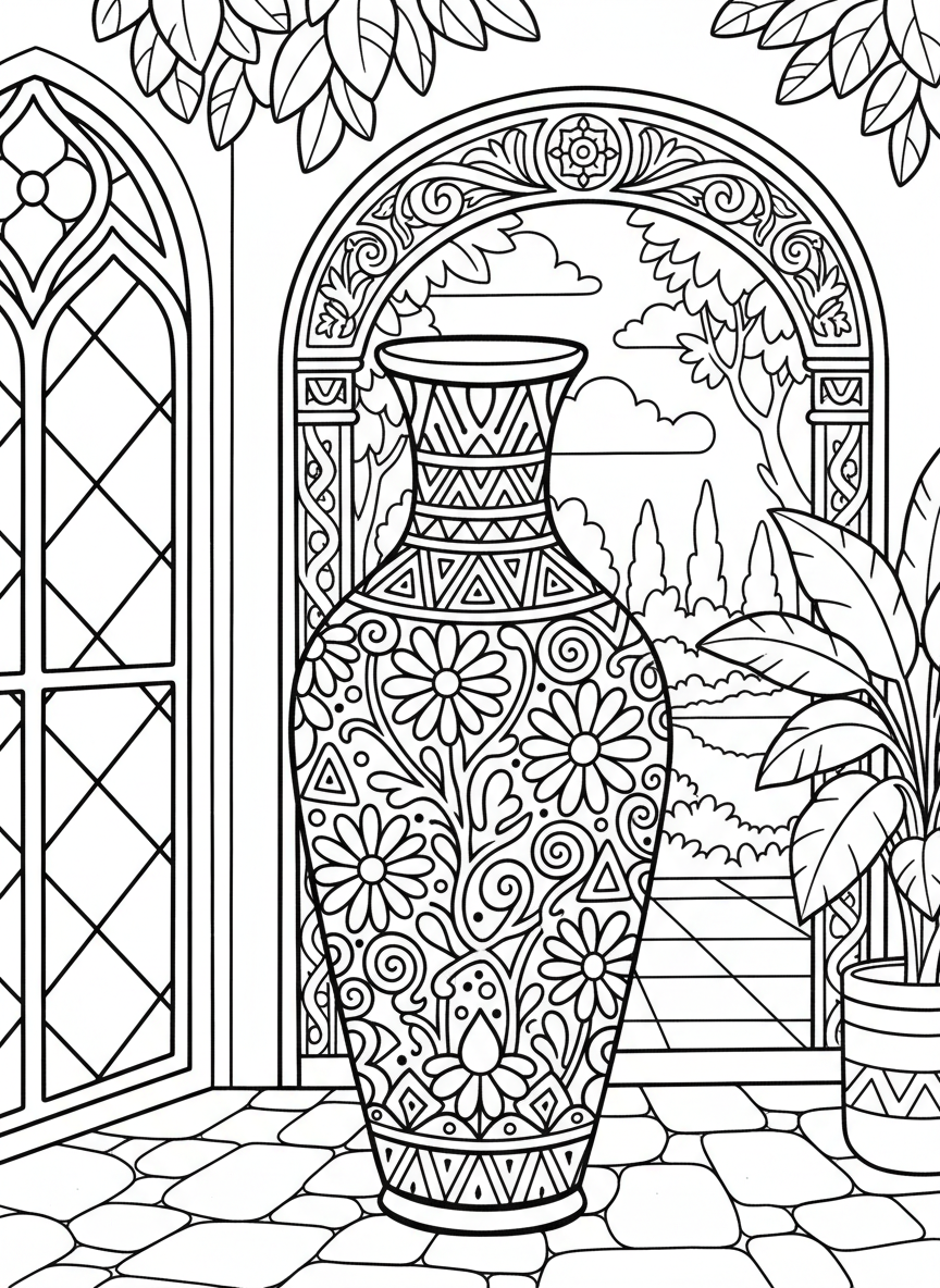 A tall elegant vase with flower patterns and geometric designs, ready to be colored with creative details.