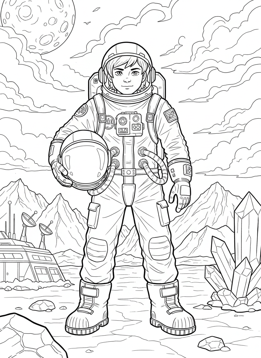 A young astronaut in a full spacesuit holding a helmet under one arm, standing pose with boots and mission patches visible