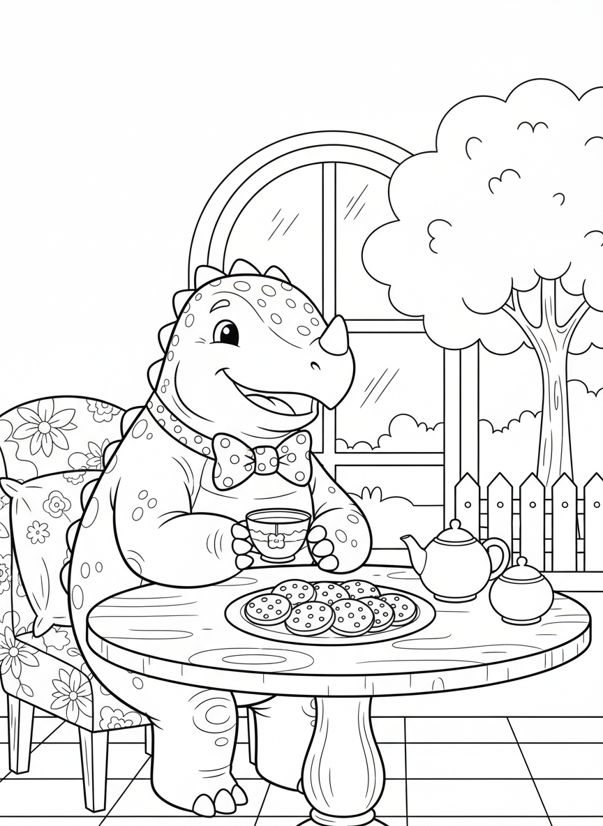 A smiling Ankylosaurus wearing a bow tie, sitting at a table with a teacup and cookies, charming home scene.