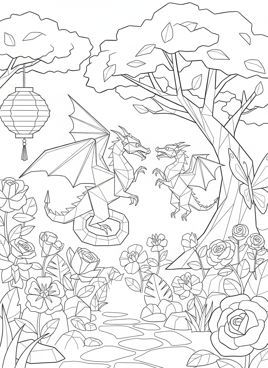 Two origami dragons playing together in a garden with paper flowers, showing different sizes and playful poses with geometric fold lines.