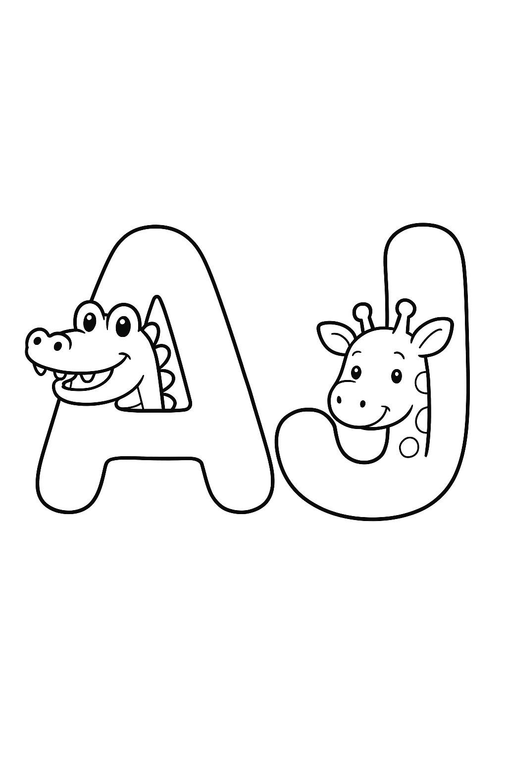 The name “AJ” in bubble letters with cartoon animals peeking out of each letter. make the name all on one line