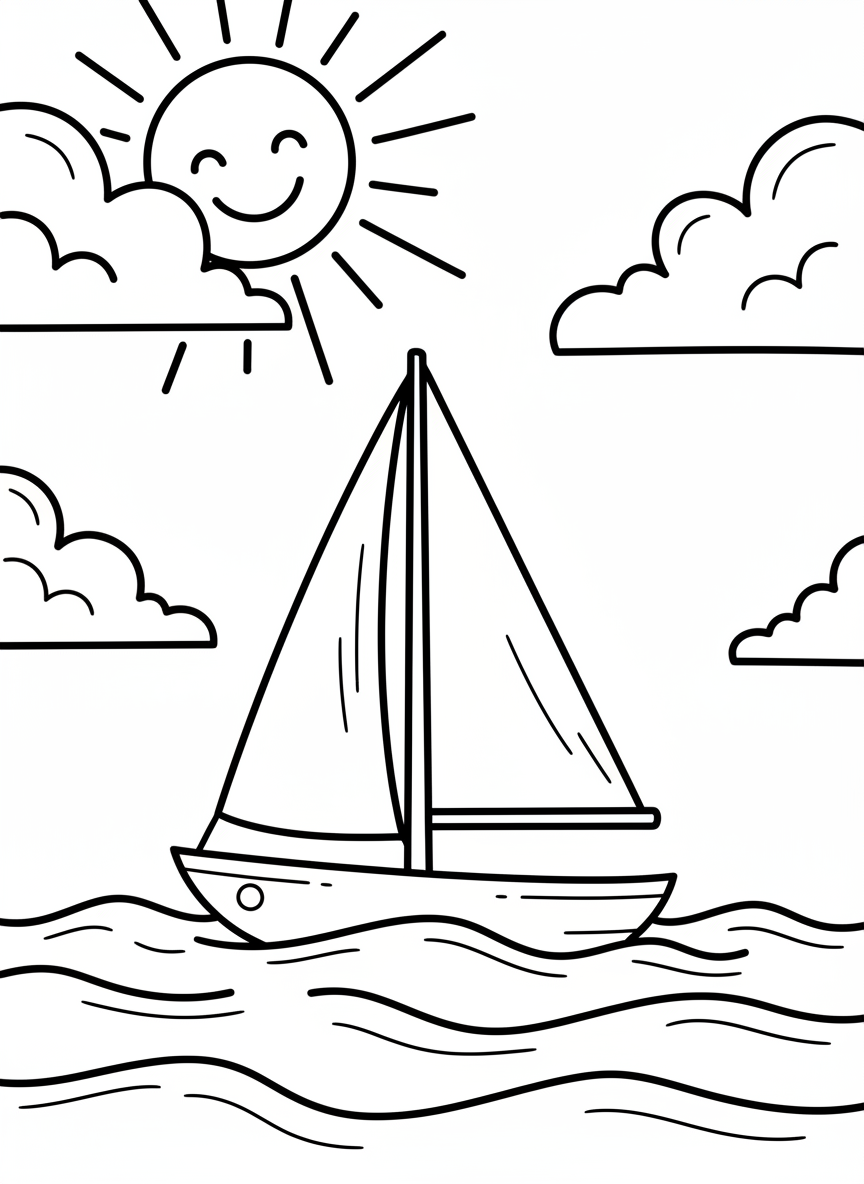A simple sailboat with a large triangular sail floating on calm waves, with a smiling sun in the sky and a few puffy clouds.