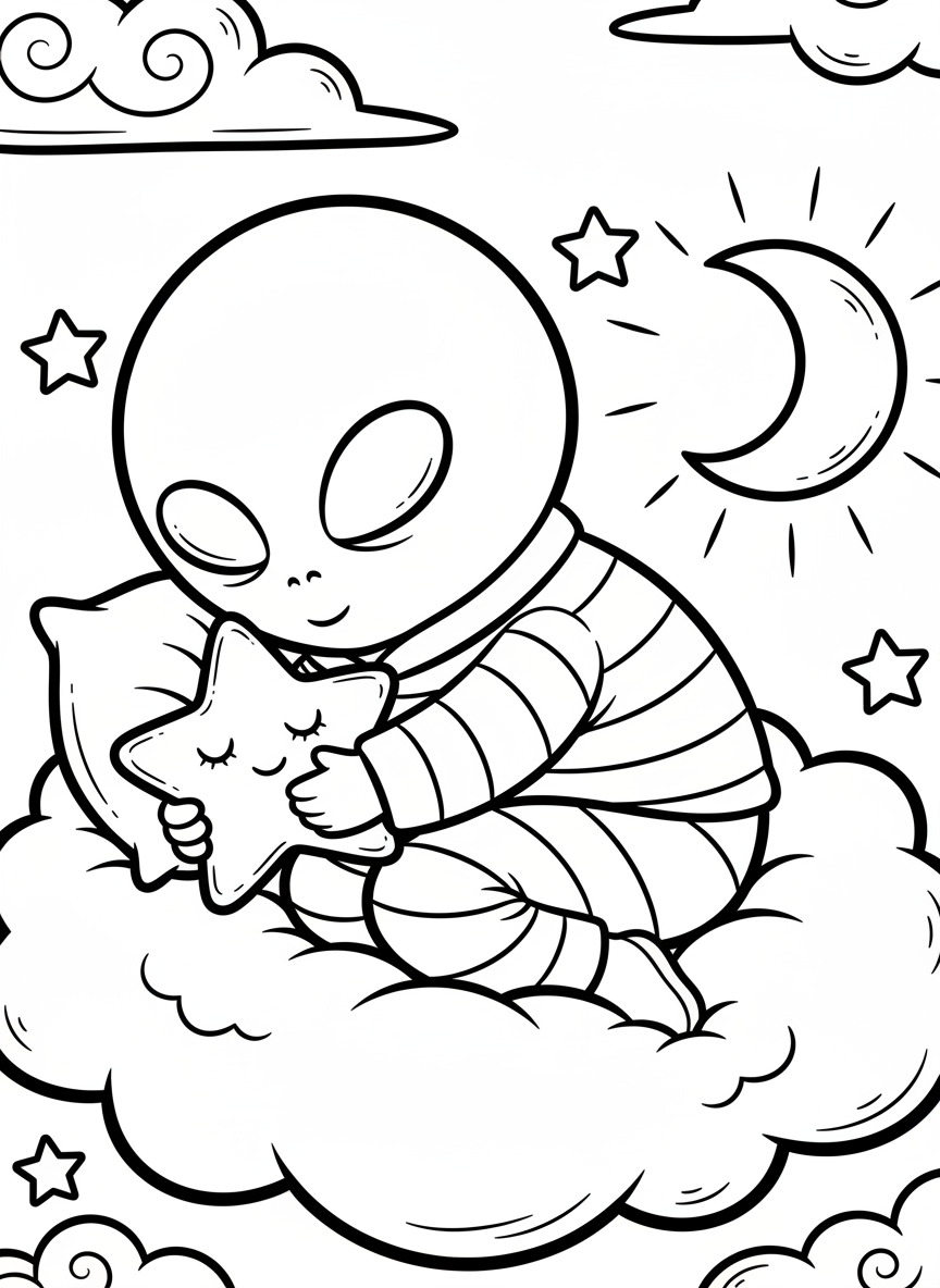 A sleepy alien tucked into bed on a floating cloud, hugging a stuffed star toy with a crescent moon nightlight nearby