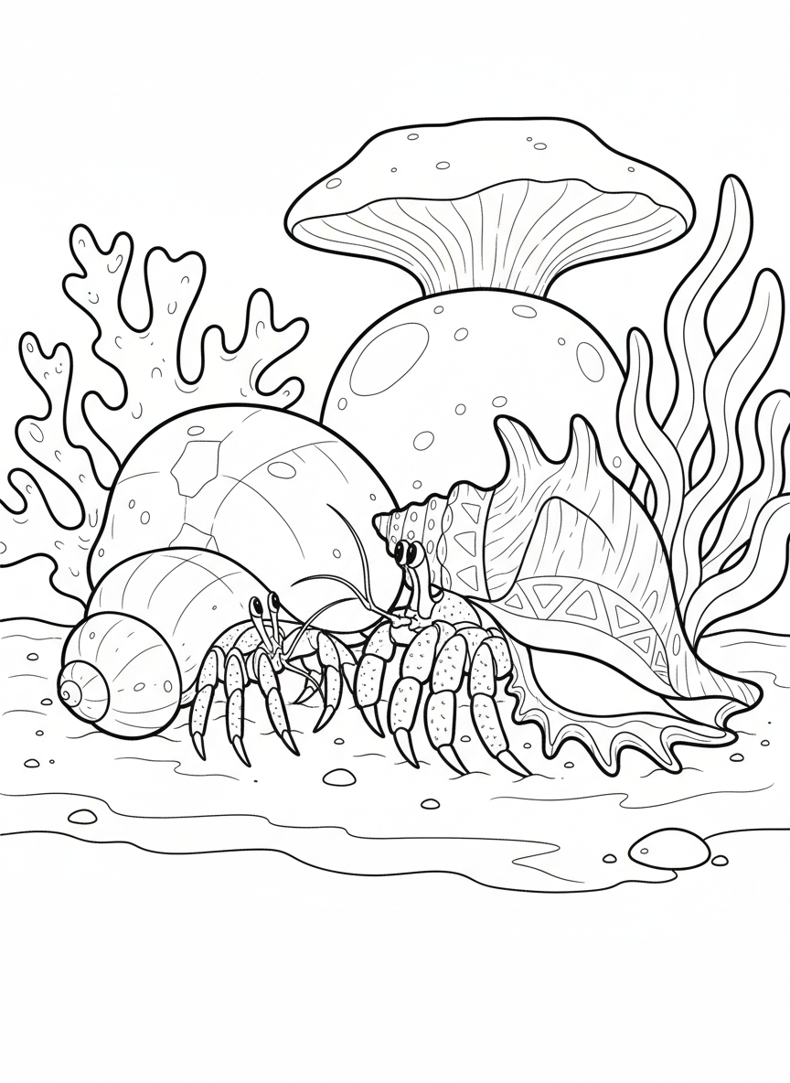 A hermit crab leaving its old shell to move into a bigger, fancier new shell, showing both shells side by side.