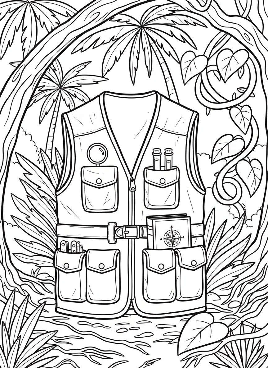An explorer's vest with multiple pockets holding small tools: mini magnifier, specimen tubes, and field guide, laid flat
