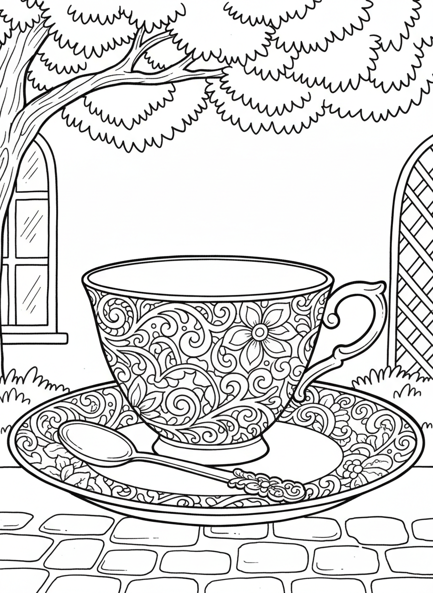 Ornate teacup and saucer with intricate designs, accompanied by a small spoon and napkin, elegant close-up for older kids