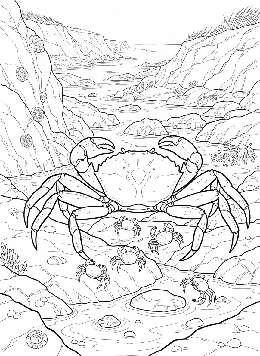 A shore crab family with one large crab and several tiny baby crabs exploring rocky crevices and tide pools.