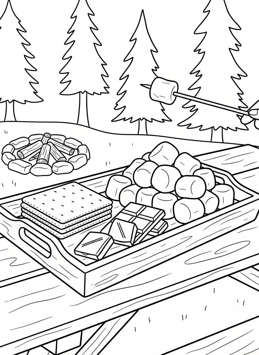 A tray of s'mores ingredients with graham crackers, chocolate bars, and marshmallows ready for roasting.