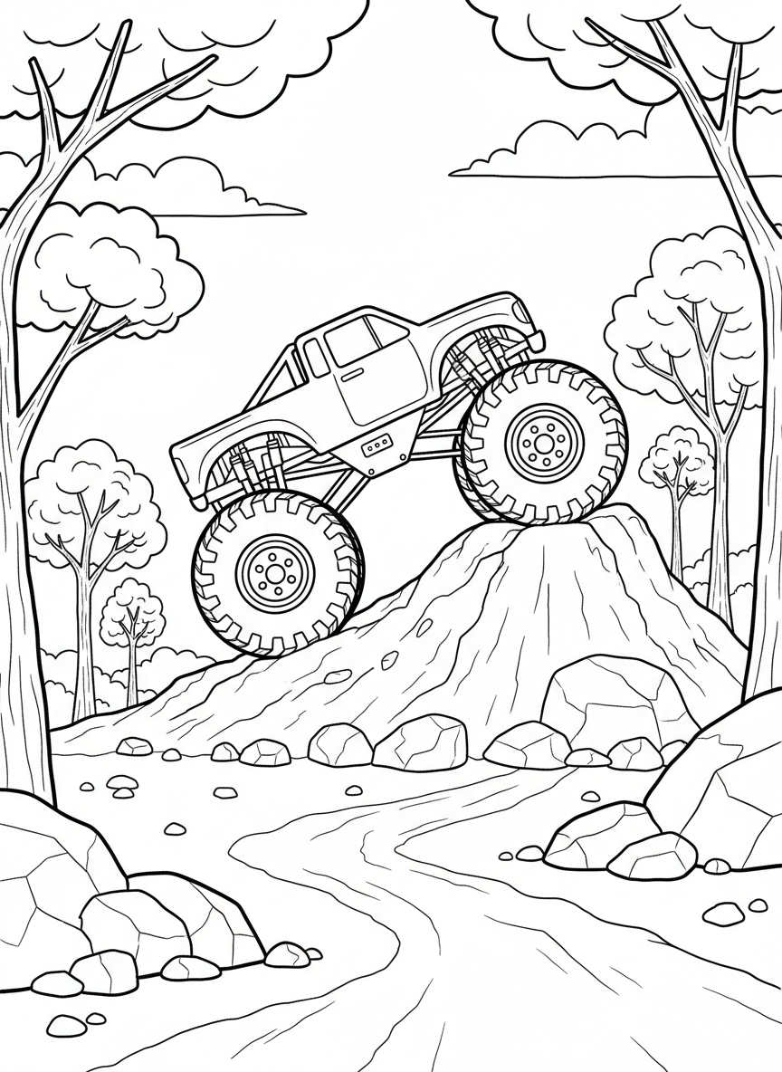 Simple monster truck climbing up a steep hill with trees in the background, outdoor adventure scene