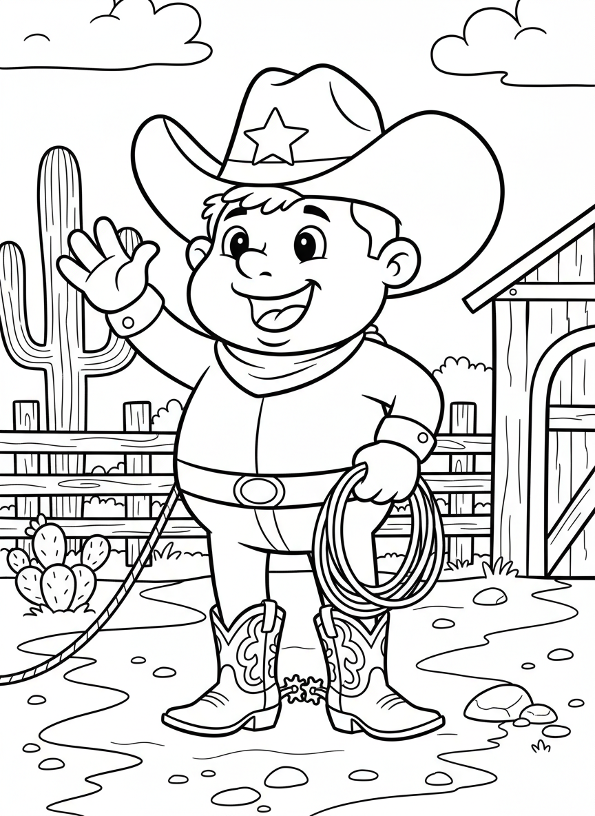 A friendly cartoon cowboy wearing a big hat and boots, waving hello with a lasso in hand, simple line art for young children