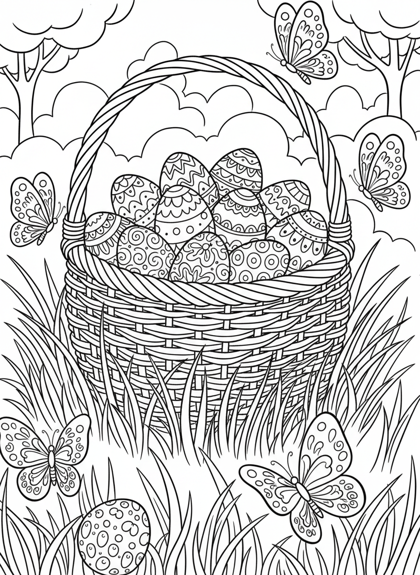 A wicker basket overflowing with ornately patterned Easter eggs sitting in tall grass with butterflies flying nearby.